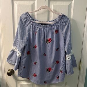 AGB Blue and White Striped with Threaded Floral Pattern